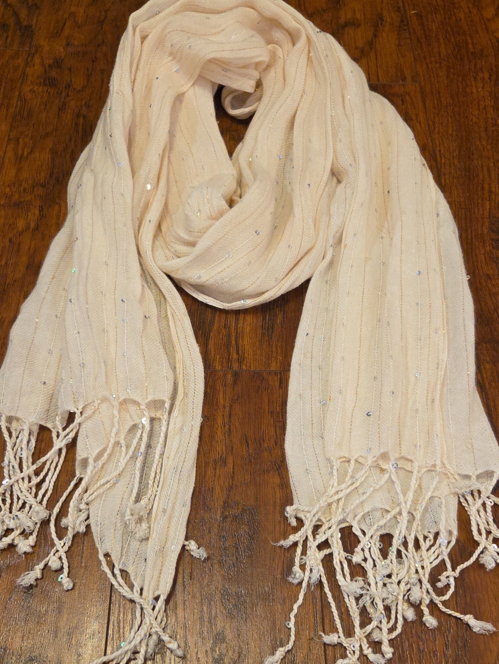 Sparkling Cream Fringe Scarf With Gold Thread And Iridescent Sequins